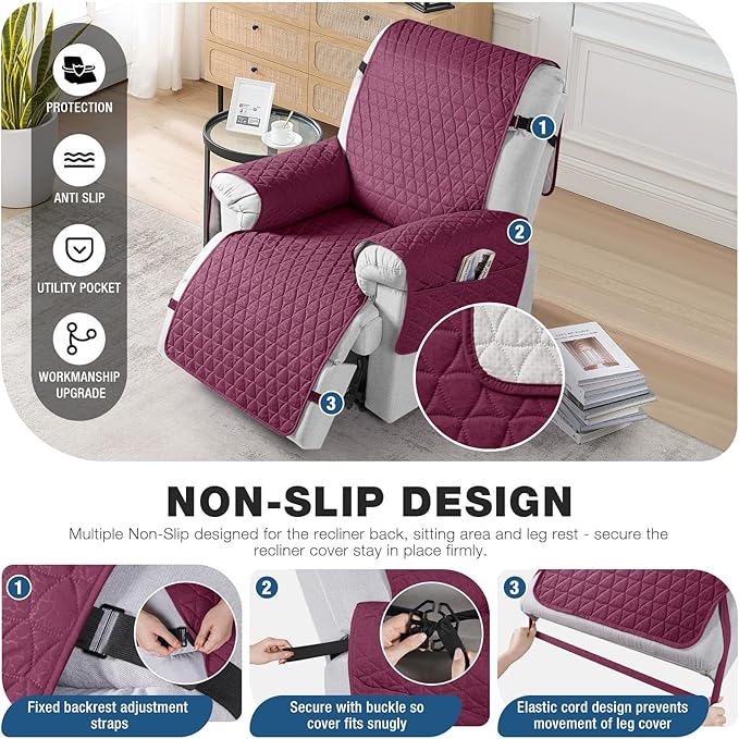 TAOCOCO 100% Waterproof Recliner Cover - Recliner Cover with Non-Slip Granule, Recliner Chair Covers with Elastic Band, Recliner Chair Covers for Reclining Chair(Wine, Medium-25'')