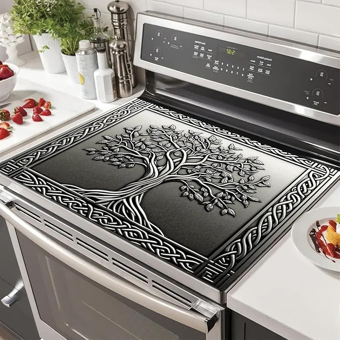 Tree Stove Top Covers Pad 28 x 20 inches Silver Tree of Life Kitchen Decorations Dish Drying Mat Coffee Bar Mats Kitchen Decor Absorbent Pad Fit Coffee Maker Machine Dish Drying