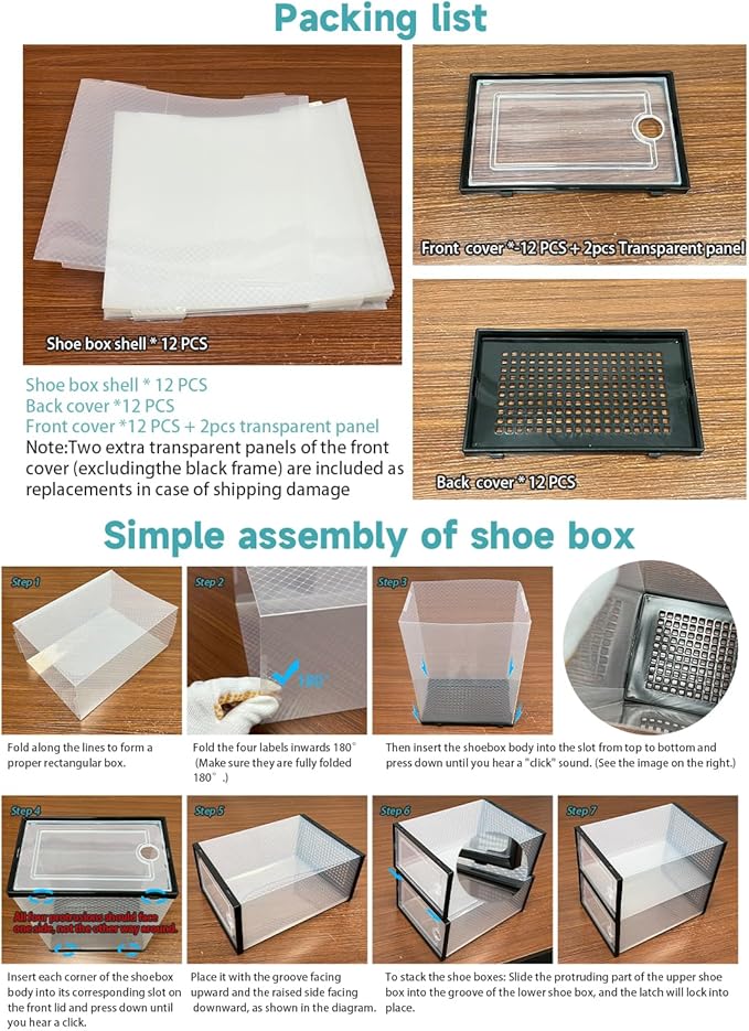 12 Pack Shoe Storage Boxes, Clear Plastic Stackable Shoe Organizer for Closet, Foldable Shoe Rack with Lids for Entryway, Closet, Under Bed, Black (13.2 x 9.8 x 6.7inches)