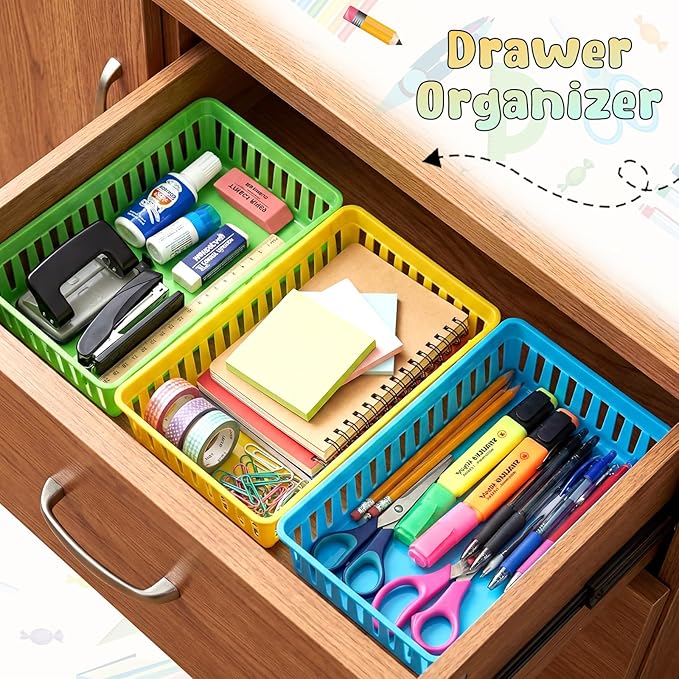 Wenqik Set of 12 Small Plastic Baskets for Organizing 10.24 x 6.5 x 2.36 Inch Pharmacy Baskets Rectangular Trays Plastic Organizer for Office Pharmacy Dorm Kitchens, Closets Shelves(Colorful)