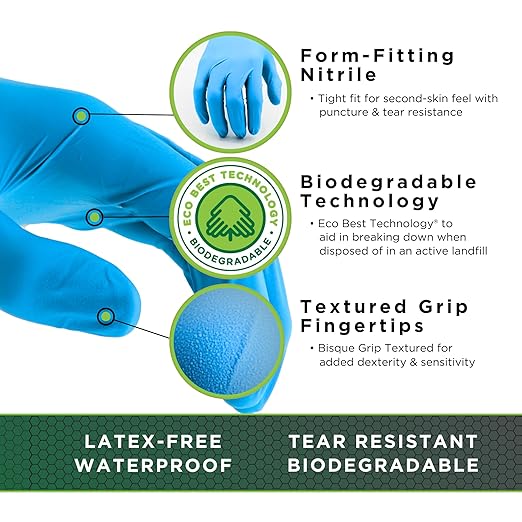 SHOWA 7500PF Sustainable EBT Latex-Free, Powder-Free, Nitrile Disposable Single Use Safety Gloves, 4 Mil, 9.5" Length, Large (1 Box/100 Gloves)