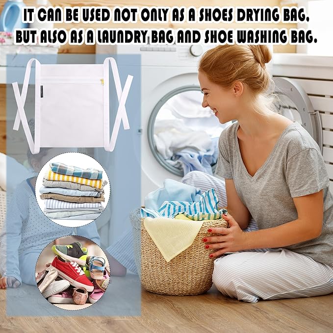 3 Pcs Reusable Shoe Dryer Mesh Bags, Honeycomb Net Laundry Bags with Zipper & Strap for Washing Machine, Clothing, White