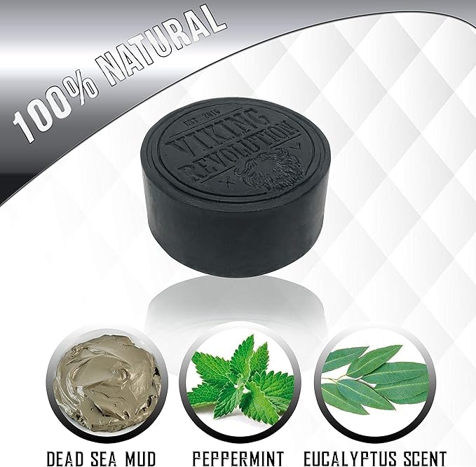 Viking Revolution Soap Bag (5.9"x3.7", 1 Piece) and Skin Cleaning Activated Charcoal Soap for Men, Peppermint & Eucalyptus Scent with Dead Sea Mud (6 Oz) - Body and Face Cleanser