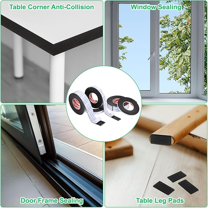 PATIKIL 3Roll Sponge Rubber Foam Tape, 5/8" W x 5/64" t x 16.4ft l Self-Adhesive Foam Insulation Tape Weather Stripping for Window Door Soundproofing Weatherstrip AC Seal Strip, Black