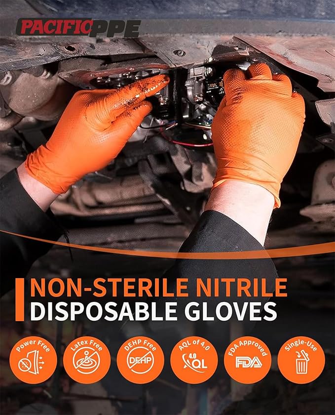 PACIFIC PPE Orange Nitrile Gloves Industrial Disposable Gloves, 8 Mil, Latex-Free, Fully Raised Diamond Texture, Food Safe, Large, 100 Count