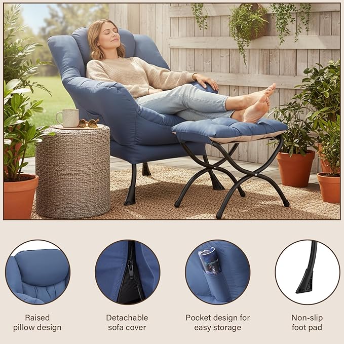 Welnow Lazy Chair with Ottoman, Modern Lounge Accent Chair with Armrests and a Side Pocket, Leisure Sofa Armchair, Reading Armchair with Footrest for Small Space, Royal Blue