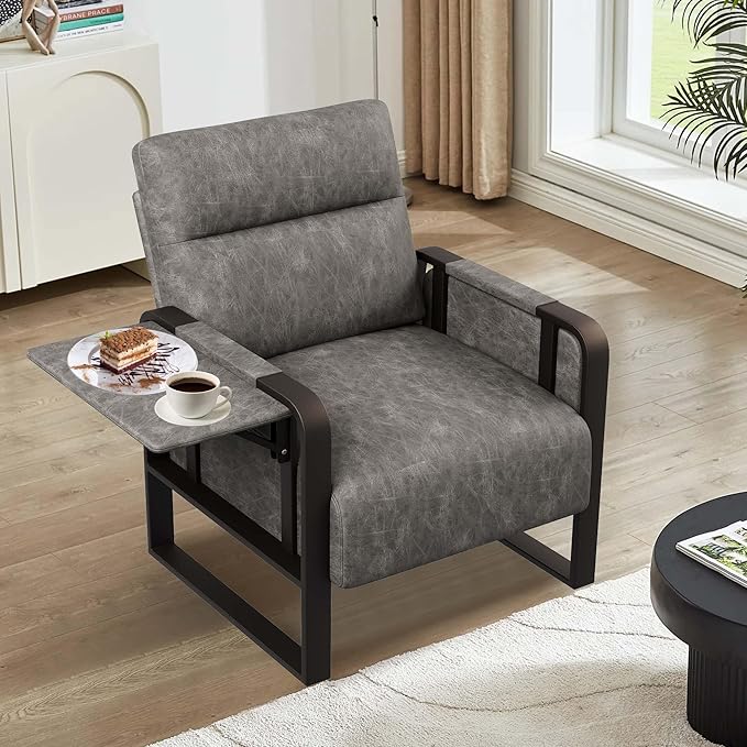 Modern PU Leather Accent Chairs Set of 2 Upholstered Armchairs with Tray Table Leisure Side Chairs for Living Room Bedroom Office Grey