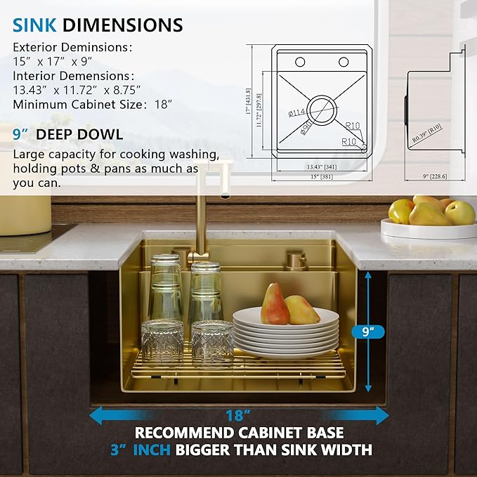 15"x17" Small RV Kitchen Sink – 16 Gauge 304 Stainless Steel Brushed Gold NANO-PVD Undermount Single Bowl Sink with Foldable Faucet, for RV, Camper, Mobile Home, Wet Bar