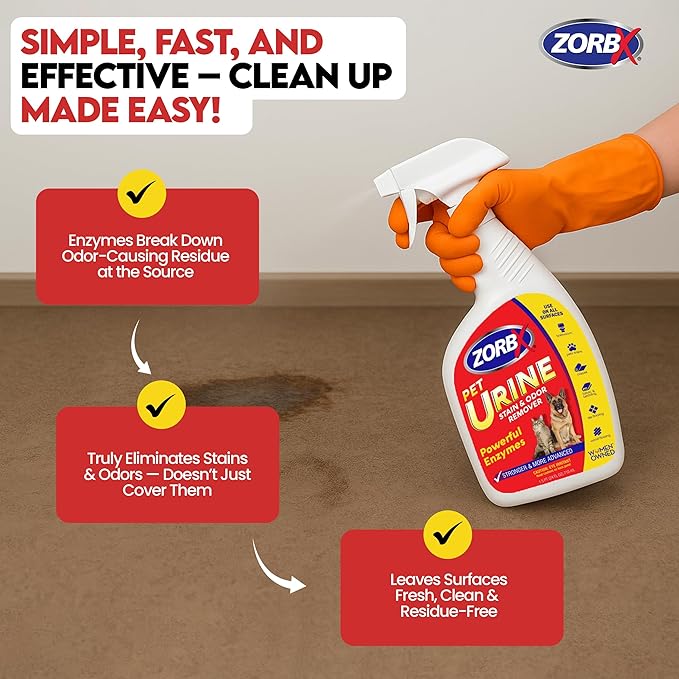 ZORBX Pet Urine Stain & Odor Remover 24oz - Enzyme Odor Destroyer for Carpets & Floors