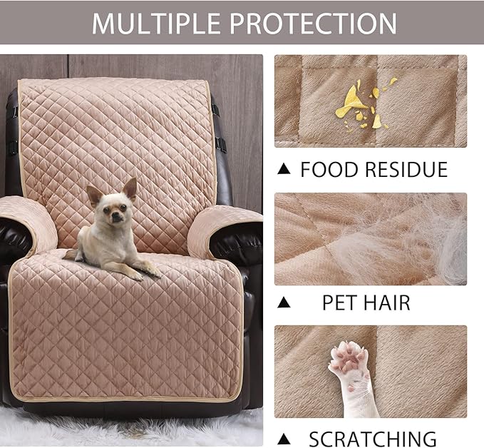 Velvet Recliner Covers Non Slip Waterproof Large Recliner Chair Covers for Leather Chairs Reversible Recliner Sofa Cover for Living Room Recliner Furniture Protectors Covers for Dog Pets Beige 23"