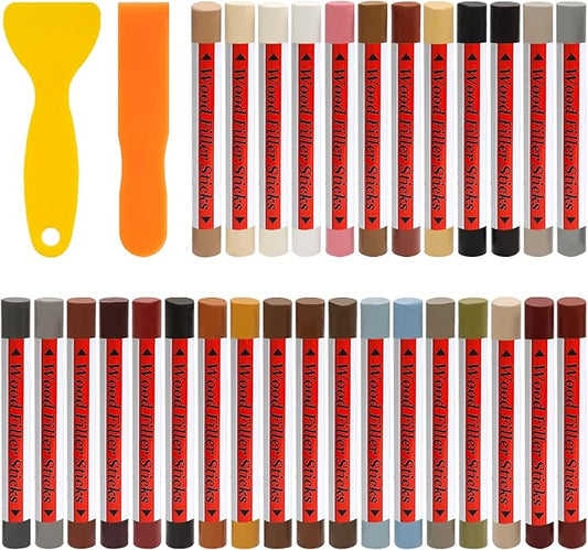 30+2p Wood Filler Sticks - 30 Colors Wood Markers Furniture Repair Wax Crayons with 2 Scrapers, Furniture Touch Up Markers Kit for Repairing Cabinets, Floors &Furniture, Color Series