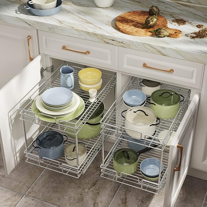 LOVMOR 2-Tier Cabinet Organizer, 20" W x 21" D Pull Out Drawer for Base Cabinet, Chrome Home Organizer, Silver