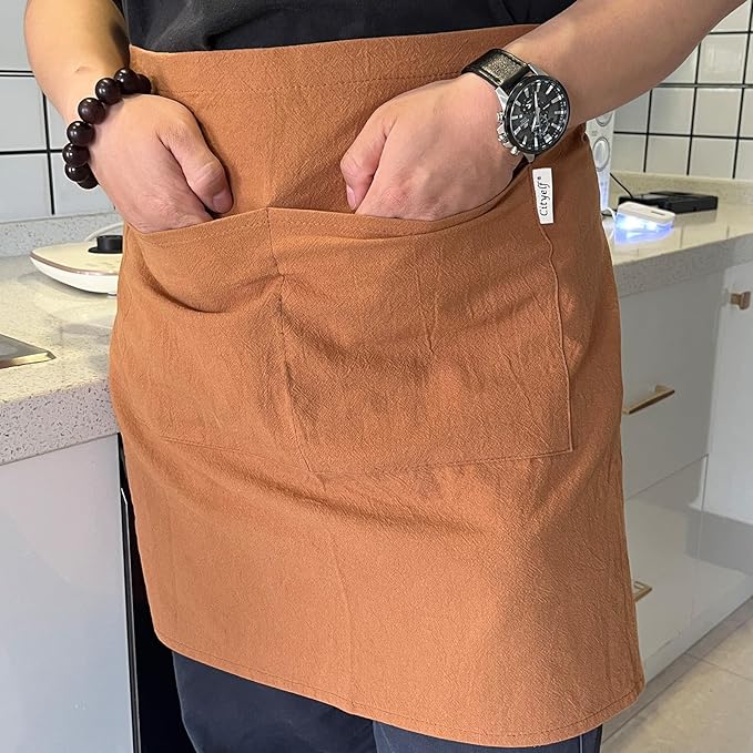 Cityelf Linen Server Apron Cotton Bistro Half Apron with Large Pockets Waist Kitchen Apron for Cooking Waitress