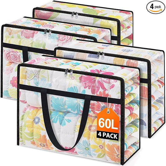 Clear Under Bed Storage Containers - 4 Pack Large Capacity Clothes Storage Bags with Lid & Sturdy Handles, Foldable Moving Bags, Clothing Organizer Totes for Bedding, Comforter, Sheet(60 L)