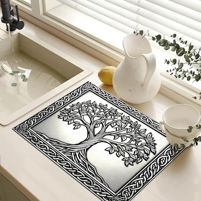 Tree of Life Stove Top Cover for Electric Stove Silver Embossed Celtic Design Dish Drying Mat 28x20 Inch Decorative Kitchen Protector Fit Under Coffee Maker
