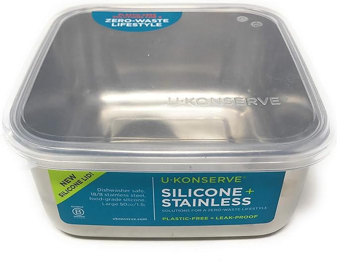 U Konserve Stainless Steel Food Storage Bento Box Container, Leak Proof Silicone Lid Dishwasher Safe - Plastic Free (50oz Clear)
