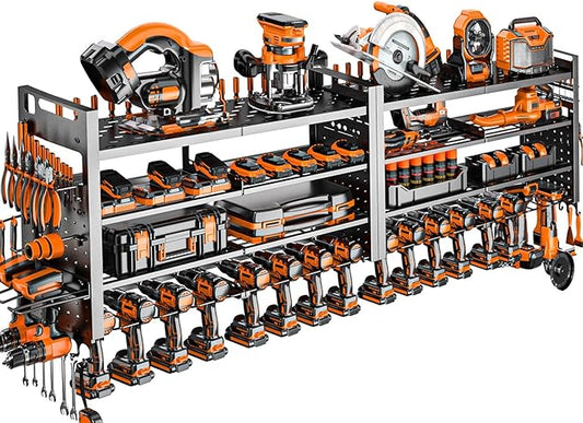 66" W Super Large Power Tool Organizer Wall Mount,Heavy Duty Cordless Tool Organizer with 18 Drill Holder,600 Lbs Capacity 4-Layer Garage Organization for Garage and Workshop (Black)