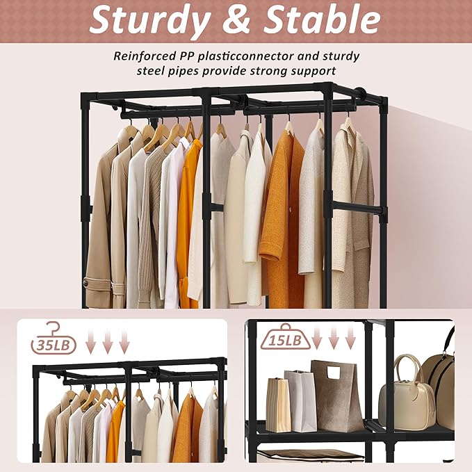 Wardrobe Closet, Quick and Easy Assembly, Black Portable Closet with 2 Hanging Rods 4 Storage Shelves and 8 Side Pockets, Sturdy and Stable Clothes Rack with Cover, for Bedroom and Dormitory