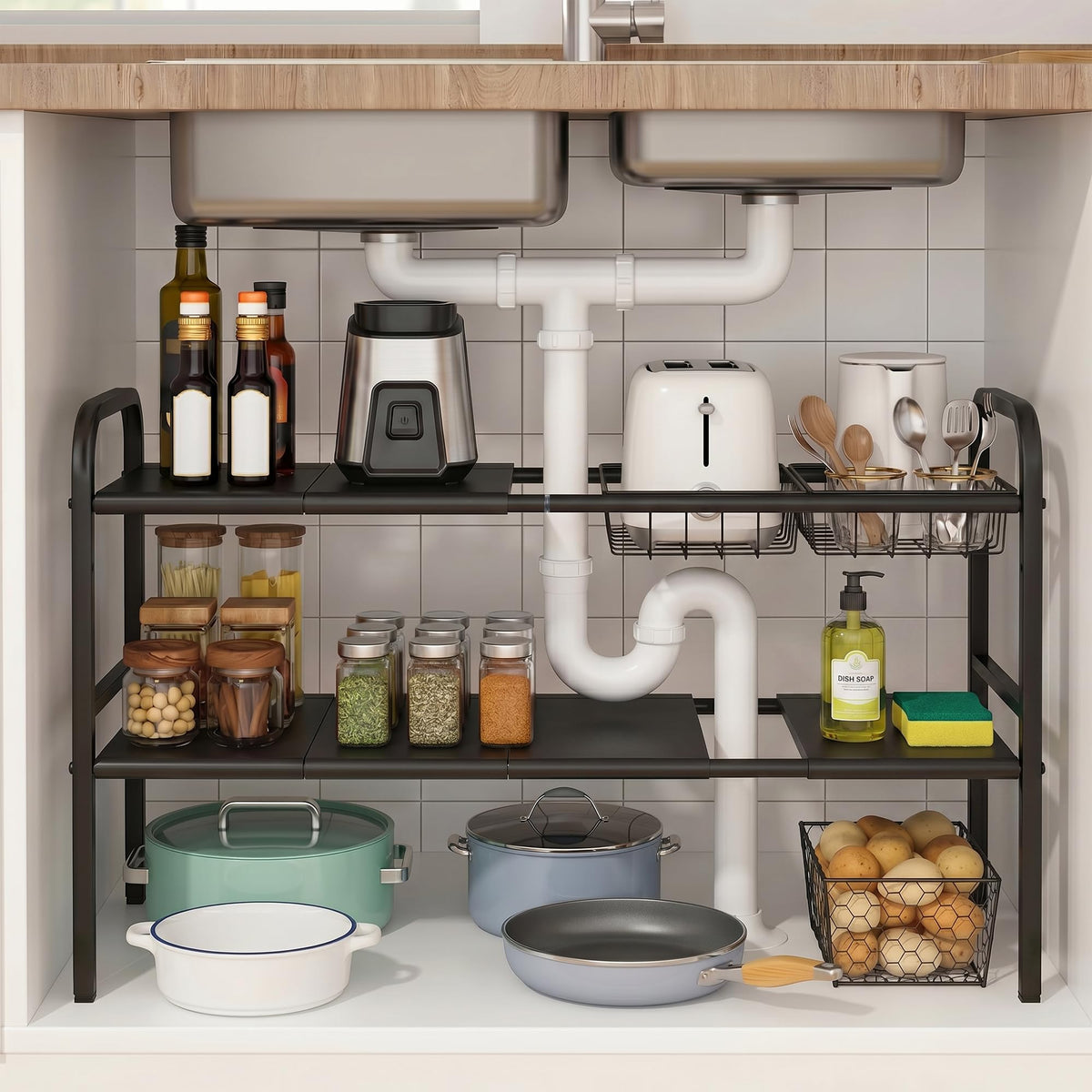 Expandable 2 Tier Under Sink Organizer, Black, 28.74 | Under Sink Stor - Image 1