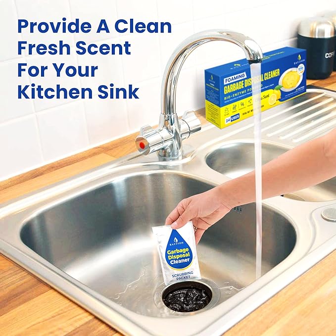 Garbage Disposal Cleaner & Deodorizer Bundle. 1 X 50 Count Pack of Bastion Disposer Balls + 1 X 24-Count Box of Enzyme Enhanced Deep-Cleaning Foaming Disposal Scrubbing Packets.