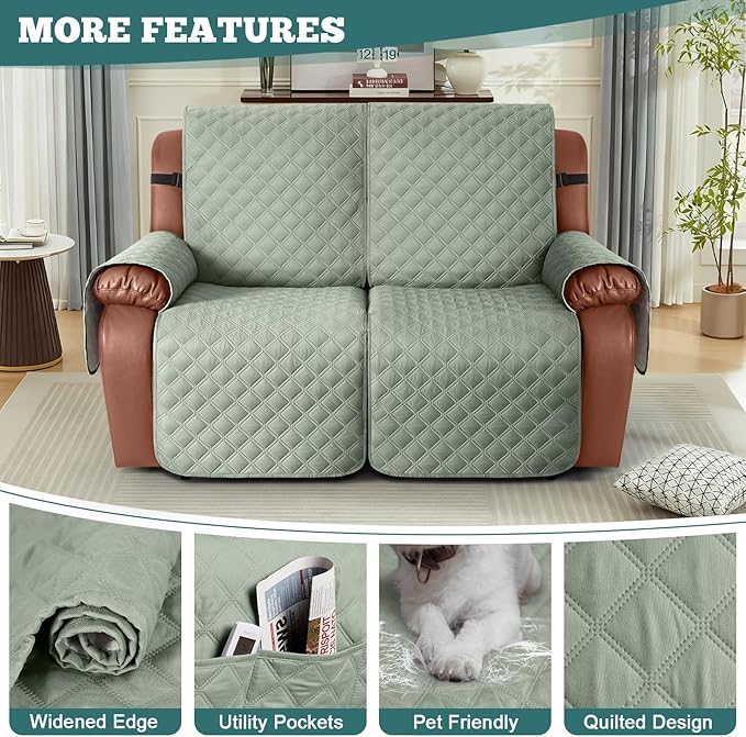 Ruaozz Waterproof Recliner Sofa Covers, 1-Piece Couch Covers for Reclining Couches Reclining Couch Cover Washable Furniture Protector with Elastic Straps Pocket for Kids Pets (Sage Green, 2 Seater)