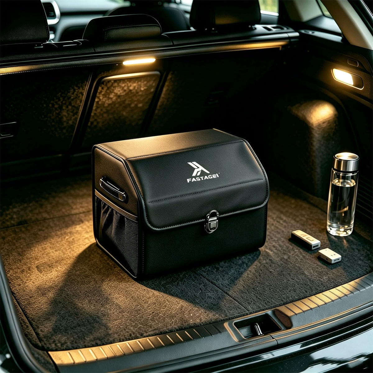 Premium Leather Car Trunk Organizer, Black - Image 1