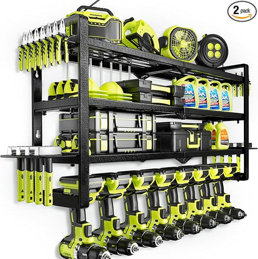 Power Tool Organizer Wall Mount - Storage Rack with 4 Drill Holders for Drills Cordless Tools. Heavy Duty Iron Garage Tool Organizer Storage for Workshop Shed (8 Slots 4 Layers 4)
