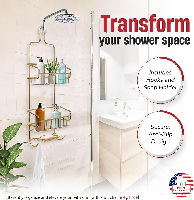 Better Houseware Over the Shower Head Caddy, Rustproof Shower Head Organizer with Hooks & Shelves, Hanging Shower Caddy for Shampoo, Conditioner & Soap, Aluminum Bathroom Rack, Gold