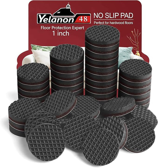 Yelanon Non Slip Furniture Pads - 48 pcs 1" Felt & EVA Furniture Grippers, Black, Round, Anti Slide Hardwood Floor Protector