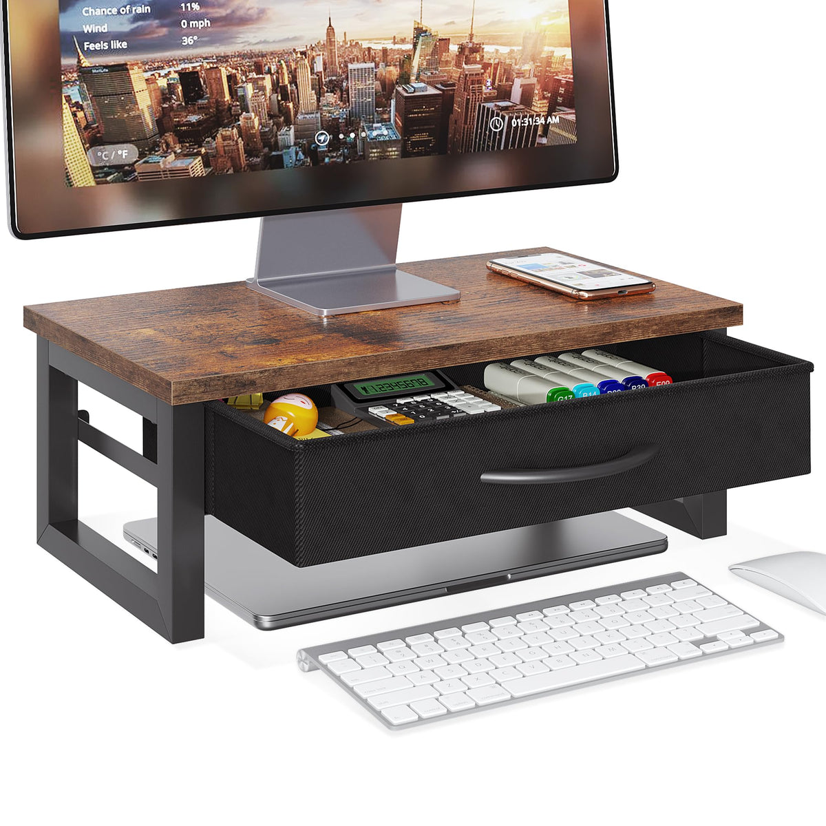 Computer Monitor Stand Riser with Drawer, 2-Tier Des | Storage & Organ - Image 1