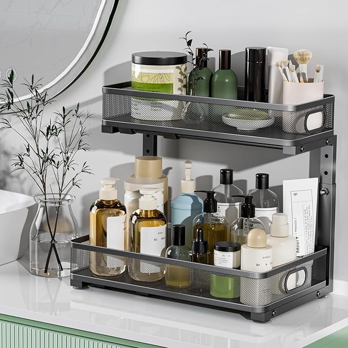 Under Sink Organizer, Height Adjustable 2 Tier Under Sink Organizers and Storage, Slide Out Metal Cabinet Organizers, Pull Out Sink Storage Drawer Shelf for Kitchen Bathroom Cabinet, Black, 2 Pack