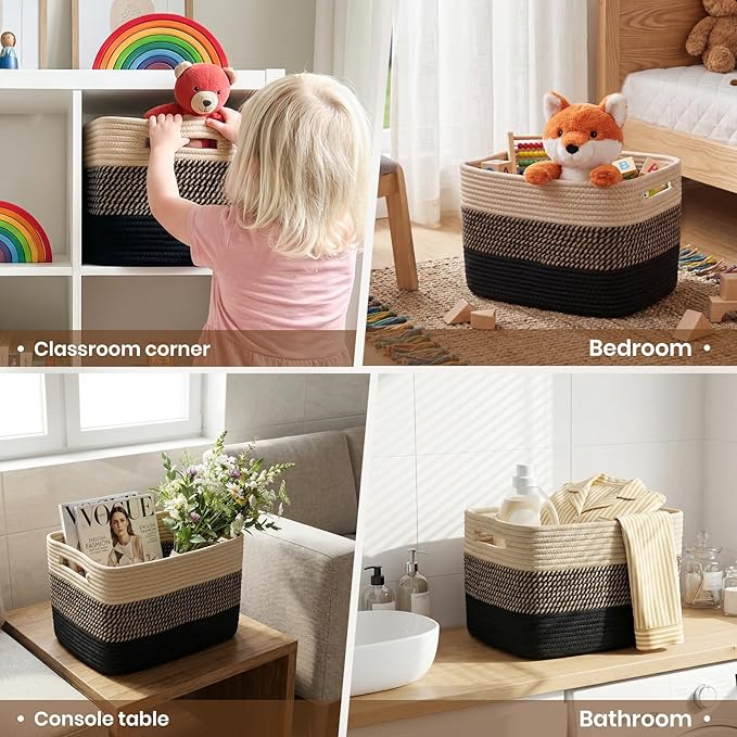 Storage Baskets for Organizing, 14 x 10 x 9” Closet Shelf Woven Baskets, Square Bins with Handles, Cotton Rope Basket for Toys, Clothes, Office, Room, Black+Brown 4 Pack