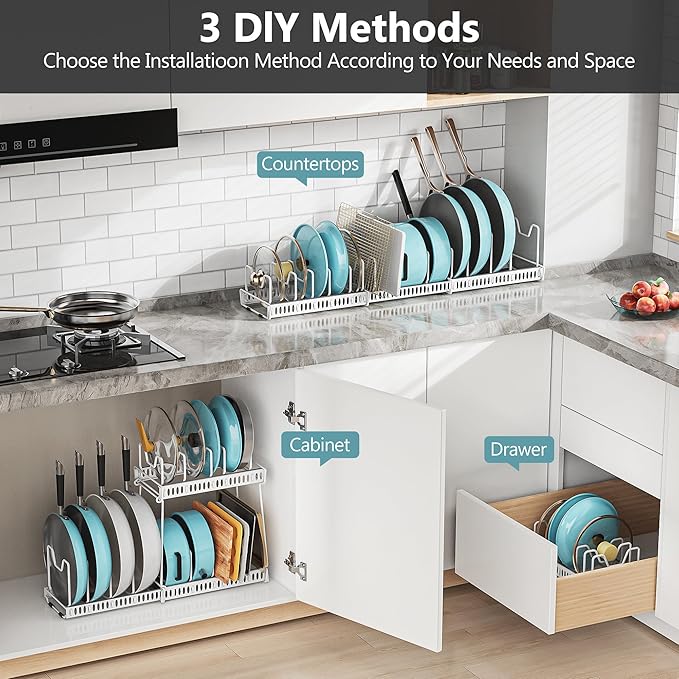 3-Pack Pots and Pans Organizer for Under Cabinet, 2Tier 14 Dividers 3 DIY Method Expandable Easy Install, Kitchen Pot Pan Lid Rack Storage Holder Organizers Inside Cabinet, White