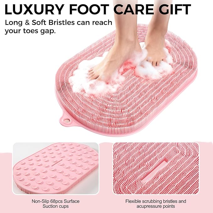 Shower Foot Scrubber - XXL Large Silicone Bath Mat for Exfoliating & Massaging Feet in Shower, Non-Slip Suction Cups, Dead Skin Remover, Callus Cleaner for Men & Women, 20.9"x13.8" Pink