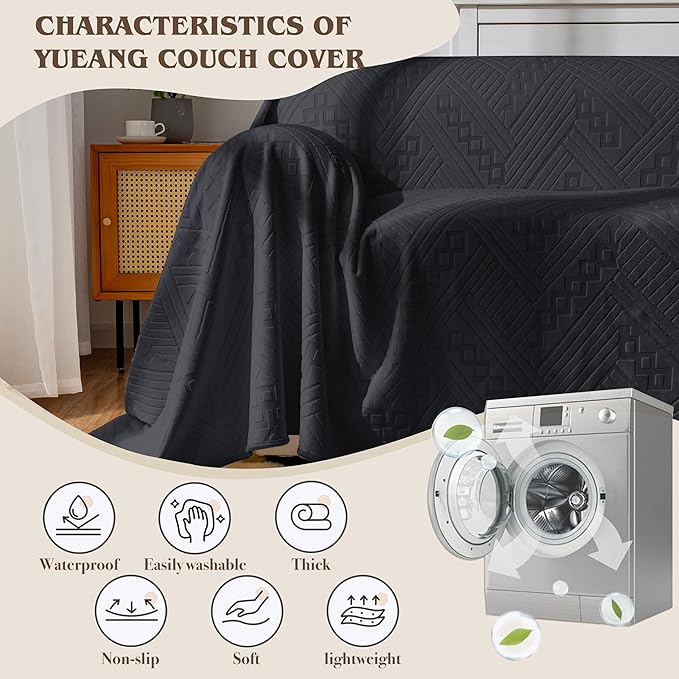 Waterproof Couch Cover, Reversible, Pet-Friendly, Washable and Anti-Slip Couch Covers for Sofa Protection with 3 Cushions, Sofa Slipcovers for Dogs and Cats (71×118in/Black)