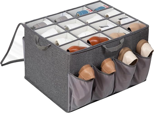 Shoe Organizer for Closet, Shoe Storage Solution with Clear Cover & Adjustable Dividers, Fabric Shoe Box Fits 16 +8 Pairs Shoes, Grey, 1-Pack