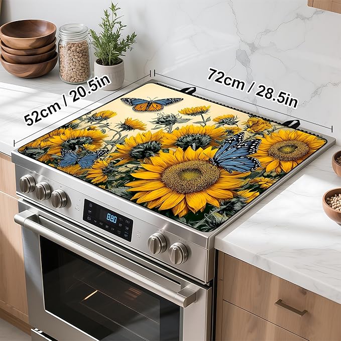 Happy Easter Stove Top Cover Flower Eggs Cute Rabbit Gas Stove Top Cover for Home Decoration Kitchen St. Patrick Day Pad Non-Stick Washable Cooktop Covers Countertop Protector (sunflower, 28" x 20")