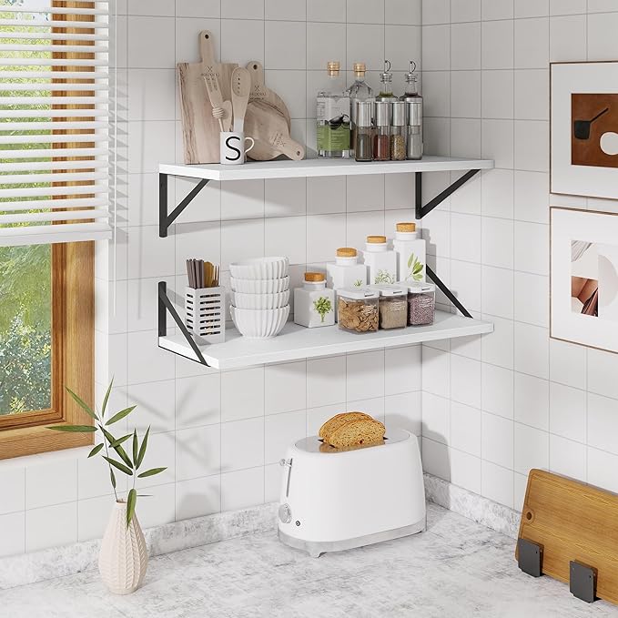 Deep Floating Shelves for Wall,30" Wx10 D Wood Floating Shelf Set of 2,Sturdy Metal Bracket Wide Display & Storage,Wall Mounted Hanging Floating Shelves for Living Room,Bedroom,Kitchen,White