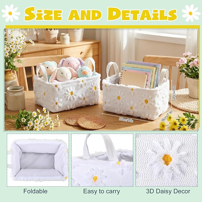 2 Pcs White Daisy Storage Baskets 14x10 Inch Easter Gift Basket Spring Floral Laundry Foldable Fluffy Plush Storage Bin with Handle Decorative Closet Organizer for Home Office Car