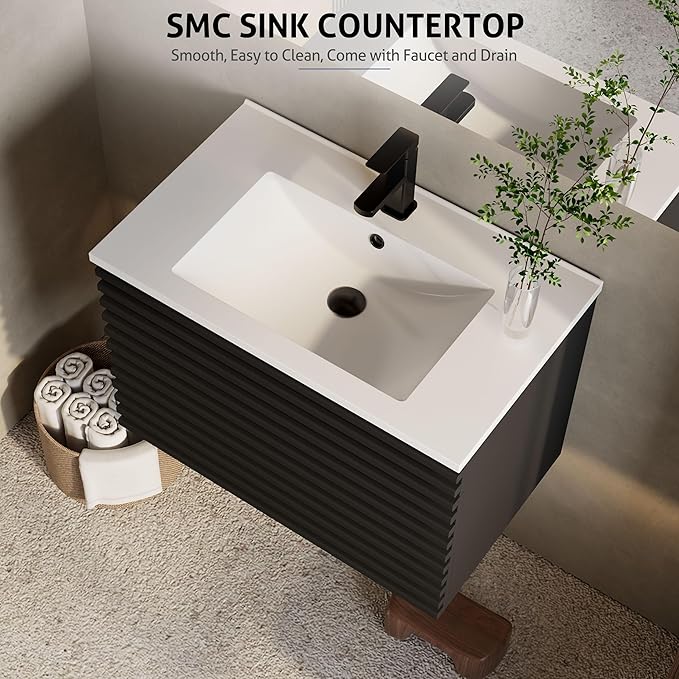 eclife 30" Floating Bathroom Vanity with Sink Combo Mid-Century Wall Mounted Cabinet with Wood Stripes Decor, Drawers, Undermount Sink, Faucet, Drain, Black