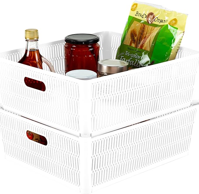 Simplify 4Pk Shallow Slide 2 Stack It Tote Basket | Storage & Organization | Open Bins with Stackable Capability | Bathroom | Crafts | Pantry | Playroom | Office | White