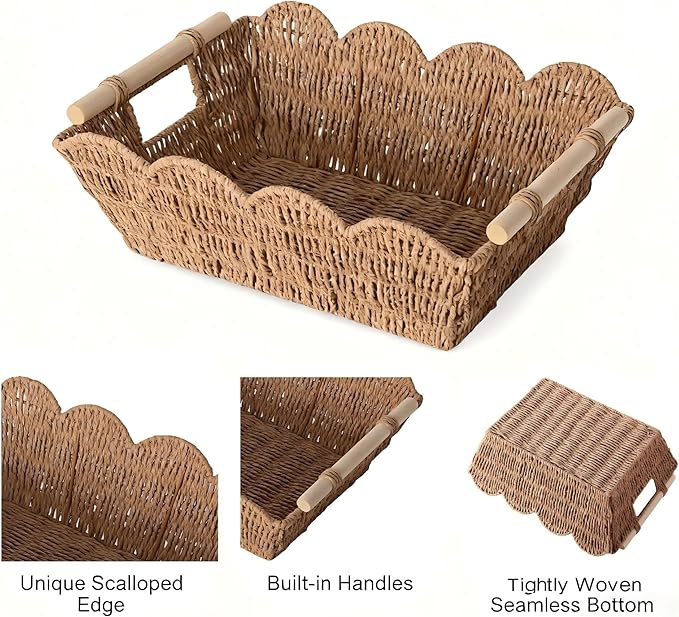 Scalloped Basket with Wooden Handle, Water Hyacinth/Seagrass/Wicker Storage Baskets, Hand Woven Baskets for Shelves,Natural Baskets for Organizing
