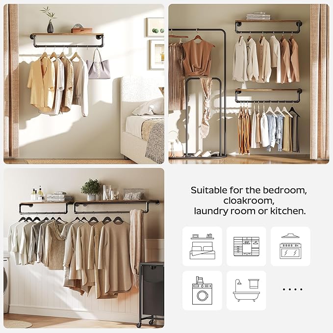 Pipe Clothes Rack, 31.5 in Wall Mounted Garment Rack with Top Shelf, Industrial Clothing Rack with Hanging Rod, Heavy Duty Detachable, Space Saver Hanging Clothes Rack, Rustic Brown FS08BRY1
