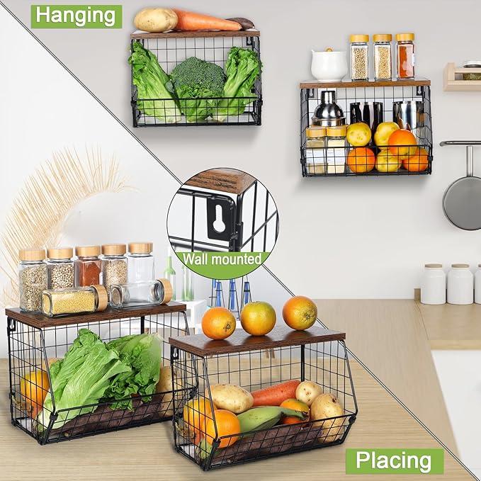 2 Tier Fruit Basket for Kitchen Counter, Hanging Fruit Baskets for Kitchen, Wall Basket Storage with Hooks, Stackable Wire Baskets for Storage Pantry, Potato and Onion Storage Bins with Wooden Lid