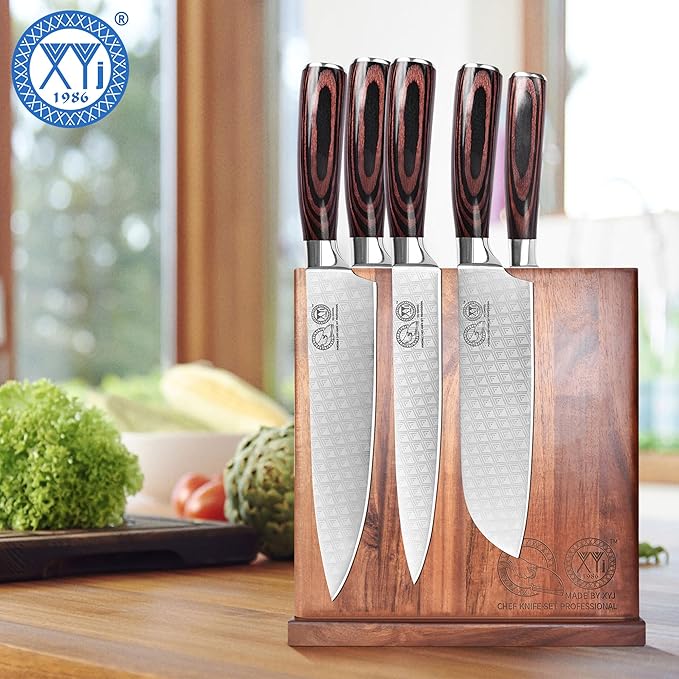 XYJ Magnetic Knife Block Holder,Double Side Magnetic Knife Stand,Acacia Wood,Extra Large Capacity Magnet Knife Storage for Knives and Utensils,Kitchen Organizer Rack Tool Without Knives