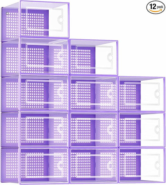 Kuject Shoe Organizers Storage Boxes for Closet, 12 Pack Clear Plastic Stackable Storage Bins with Lids, Under Bed Shoe Containers for Entryway, Drop Front, Fit up to Women's Size 10,Purple