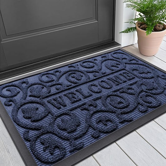 Smiry Welcome Door Mat Outside Entrance, Heavy Duty Trap Dirt and Moisture Easy Clean Low Profile Patio Porch Indoor Outdoor Front Doormat for Entry, 29.5x17 Inch, Navy Blue
