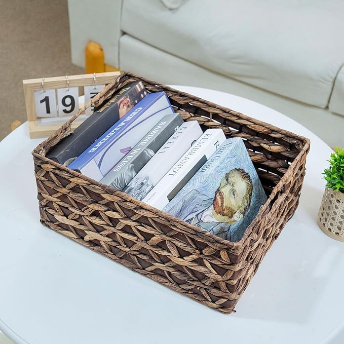 Rectangular Wicker Storage Basket with Iron Structure & Wood Accents, 15.75×11.42×7.09 Inches, Perfect for Home Organization