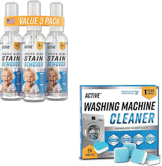ACTIVE Messy Kids Stain Remover and Washing Machine Cleaner - Includes 12oz Kid Stain Removal Spray and 24ct Washing Machine Cleaner Tablets