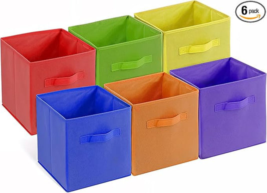 4E's Novelty 6 Packs 11 Inch Rainbow Color Storage Cube Bins, Colorful Storage Baskets For Nursery, Kids Room, Fabric Baskets For Toys, Clothes, Cube Bins for Classroom Organization & Storage